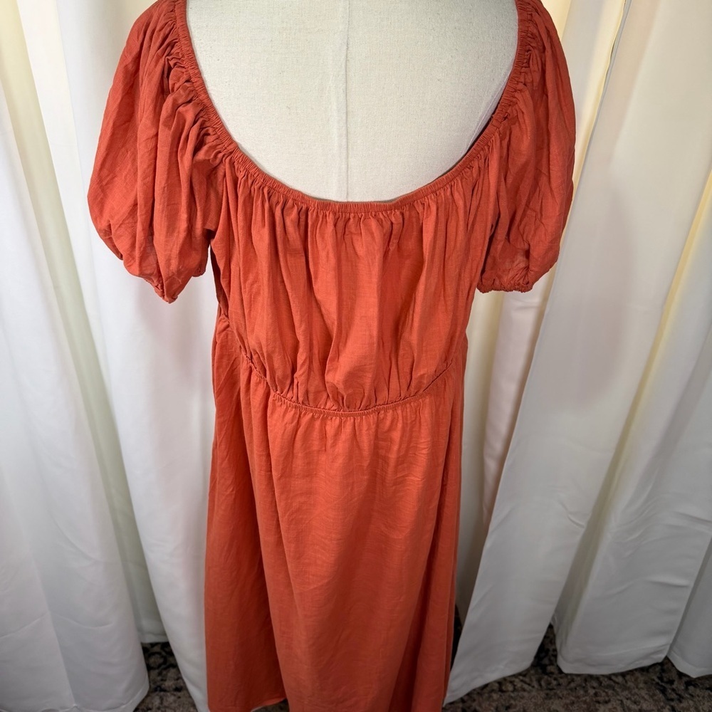 NWOT SHEIN Burnt Orange Tie-Bust Puff-Sleeve Cotton Gauze Milkmaid Dress Size 4X - Picture 8 of 16